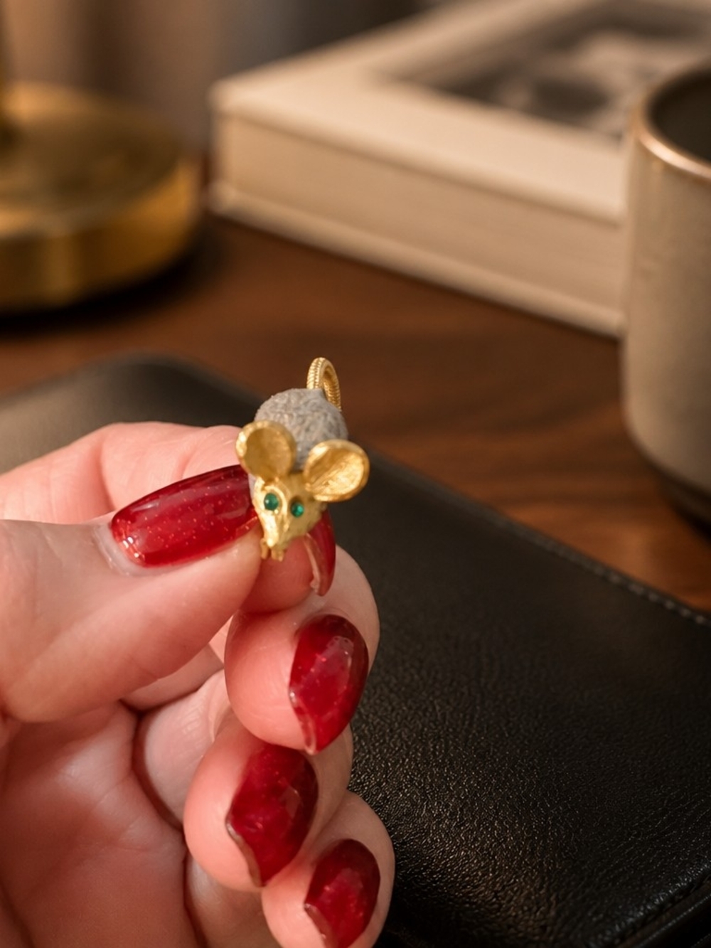 2 Gold Mouse Pendant with Green Eyes So Cute